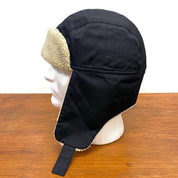 Lands' End Black Nylon Trapper Hat Ear Flaps Fudd Cap Fleece Lining Unisex S / M - Picture 2 of 8